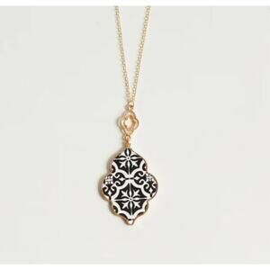 Black & White Mosaic Long Pendant Statement Necklace